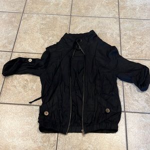 Mine Black Three Quarter Sleeve Funnel Neck Drawstring Jacket with Button Detail